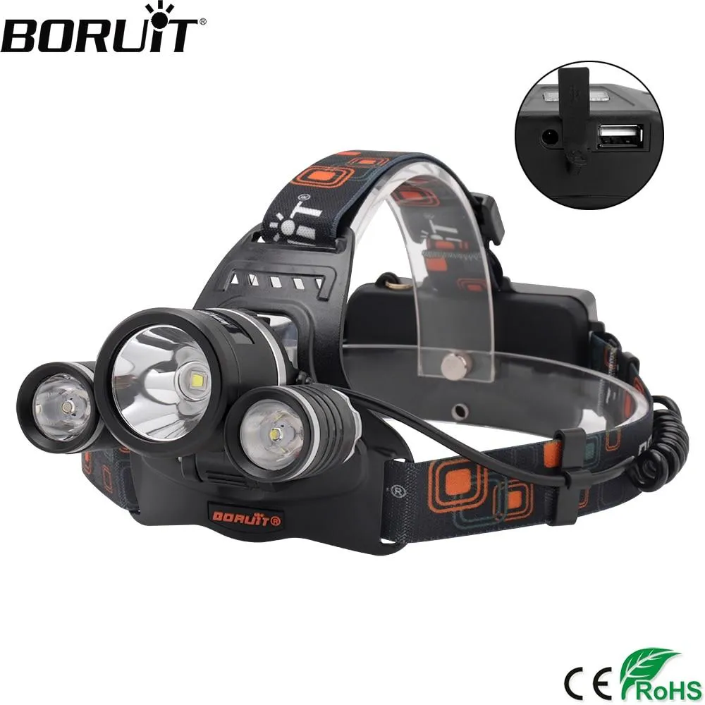 BORUiT RJ-5001 XM-L2 LED Headlamp 4-Mode Power Bank Headlight Waterproof Head Torch Camping Hunting Flashlight Use 18650 Battery