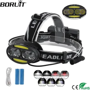 BORUiT T6 COB LED Headlight 7 Modes Red Light Headlamp USB Charger Use 18650 Battery Head Torch Hunting Camping Flashlight