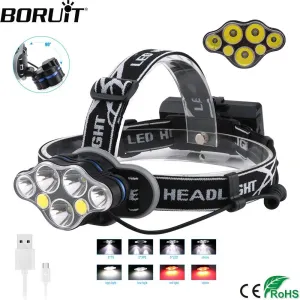 BORUiT T6 XPE COB LED Head Lamp USB Charger 18650 Battery Headlamp 8-Mode ABS Headlight Waterproof Camping Hunting Flashlight