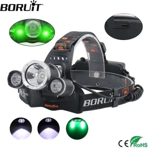 BORUiT XML T6 XPE LED Green Light Headlamp 3Mode USB Charger Headlight Waterproof Head Torch Camping Flashlight by 18650 Battery
