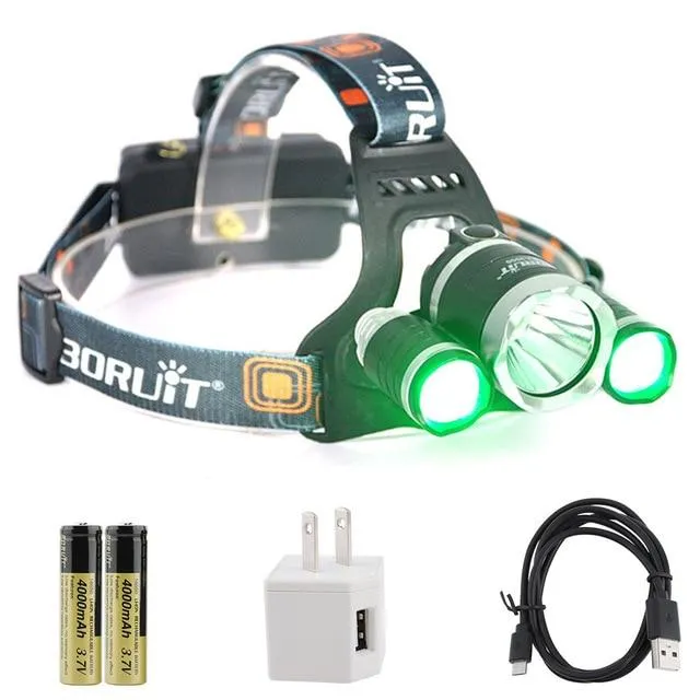 BORUiT XML T6 XPE LED Green Light Headlamp 3Mode USB Charger Headlight Waterproof Head Torch Camping Flashlight by 18650 Battery