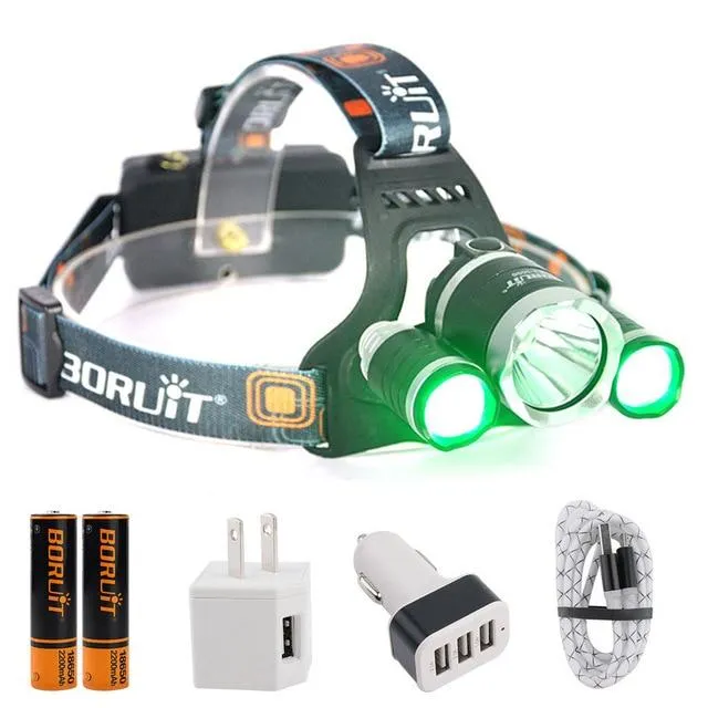 BORUiT XML T6 XPE LED Green Light Headlamp 3Mode USB Charger Headlight Waterproof Head Torch Camping Flashlight by 18650 Battery
