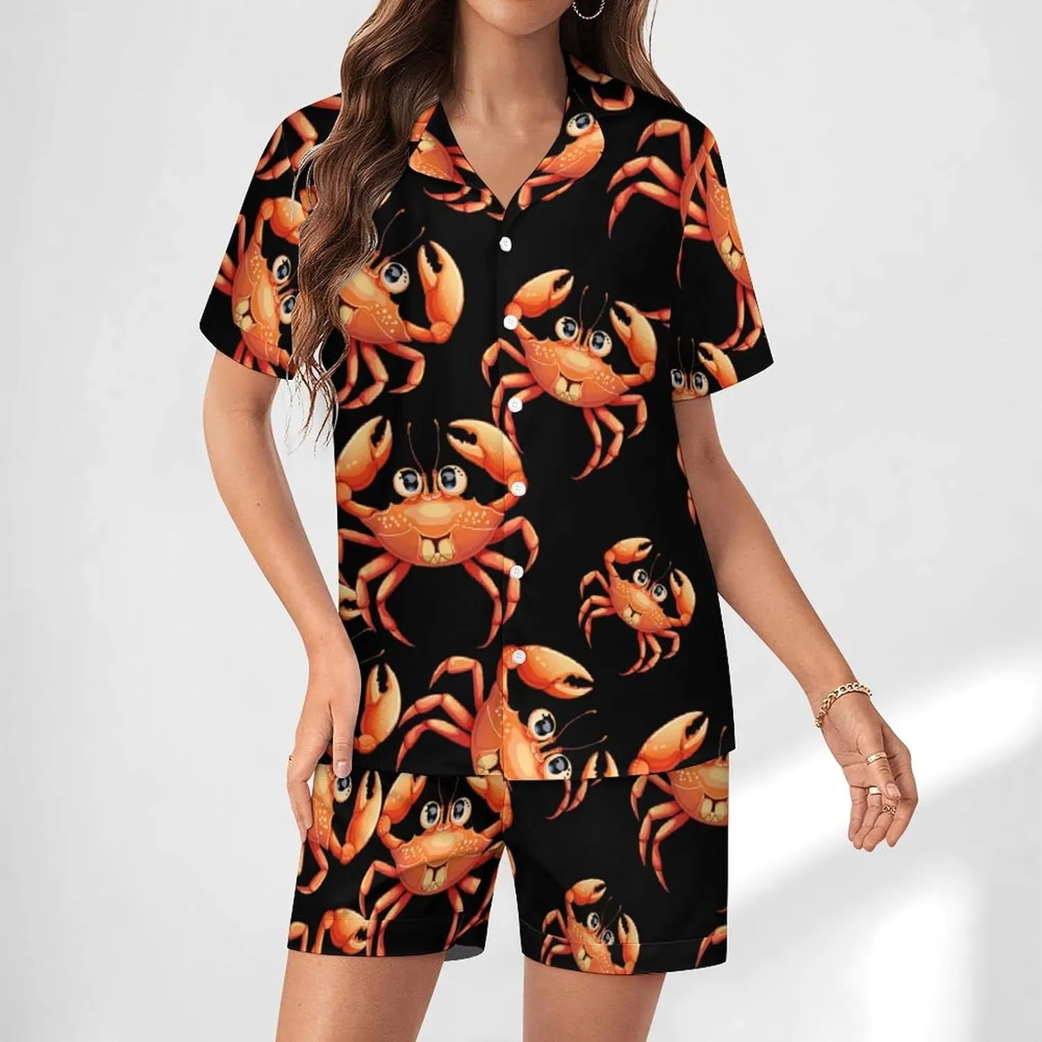 Boston Crab Women's Satin Pajama Set Short Sleeve Button Down Sleepwear Loungewear Pj Set
