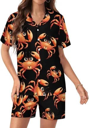 Boston Crab Women's Satin Pajama Set Short Sleeve Button Down Sleepwear Loungewear Pj Set