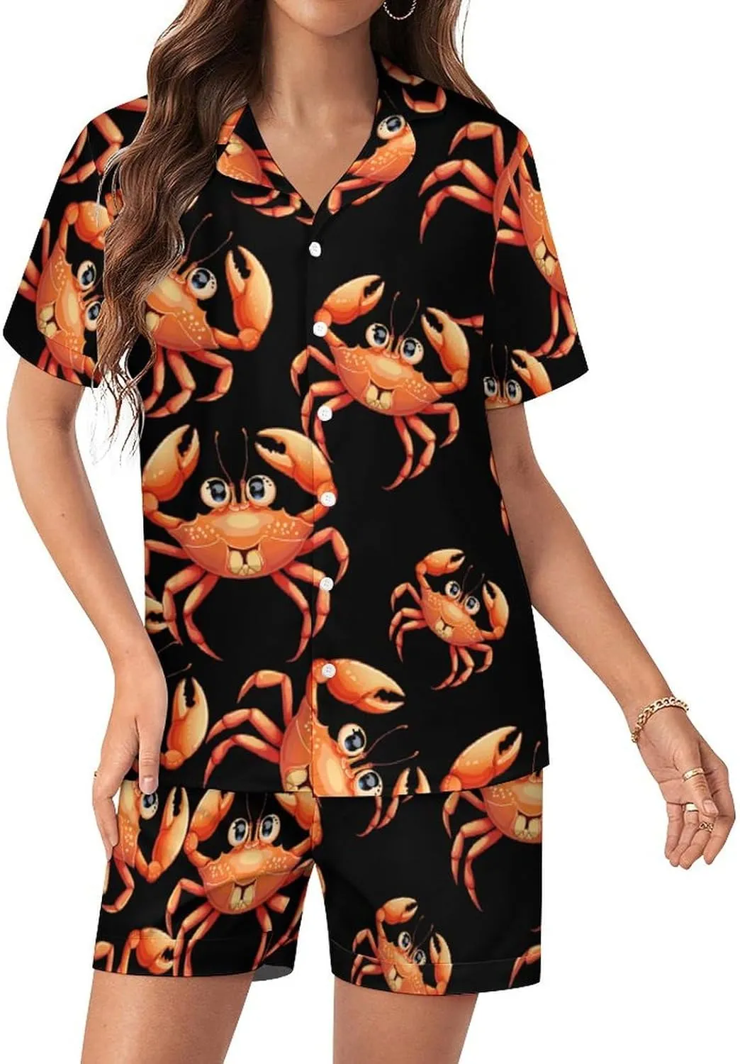 Boston Crab Women's Satin Pajama Set Short Sleeve Button Down Sleepwear Loungewear Pj Set