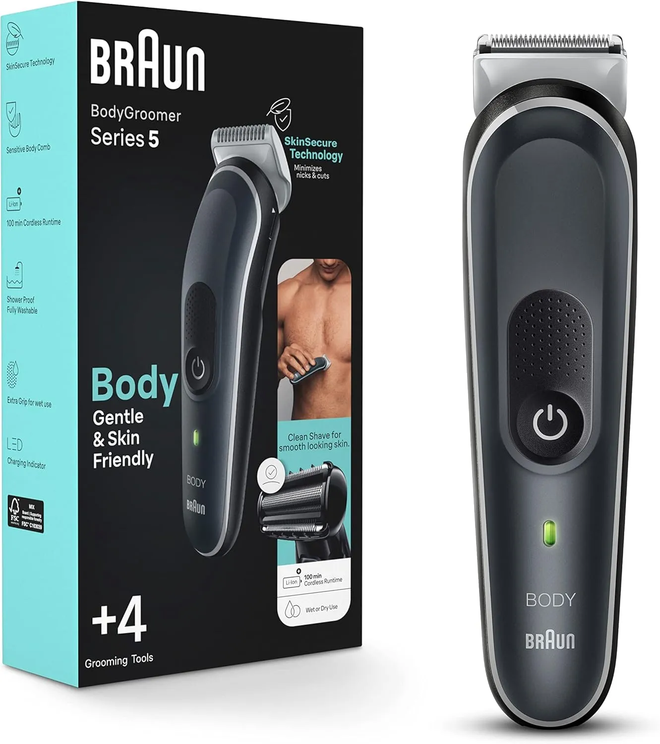 Braun Body Groomer Series 5 5360, Body Groomer for Men, for Chest, Armpits, Groin, SkinSecure Technology for Gentle Use and Clean Shave Attachment, Waterproof, Cordless with 100-min Run Time