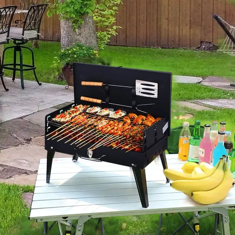 Briefcase Folding BBQ Grill, Outdoor Stainless Steel BBQ Grill, Travel Picnic Camping Grill, Patio Barbecue Charcoal Grill, Garden Outdoor Travel Picnic Folding Charcoal Grill, Compact Foldable Grill