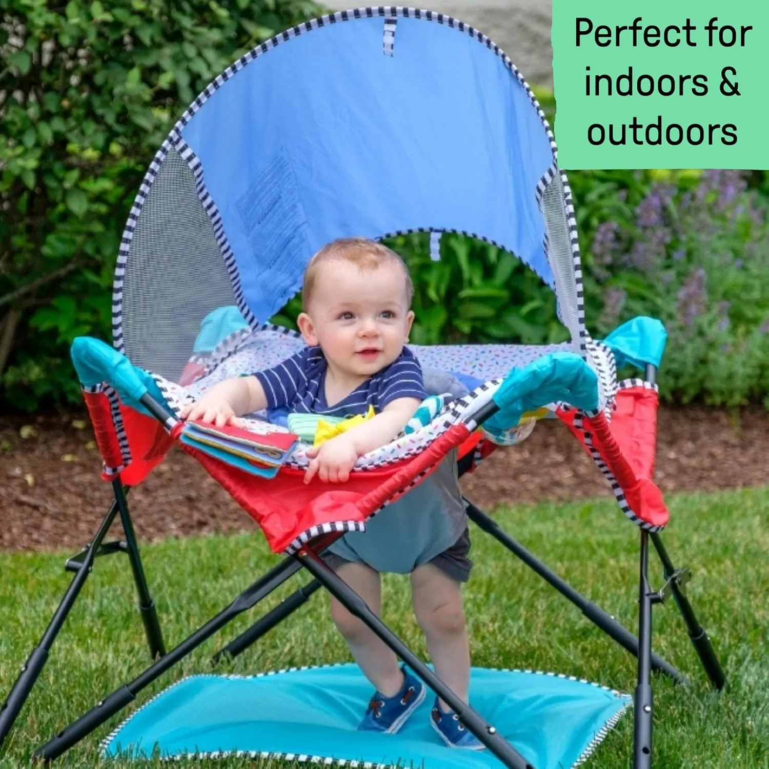 Bright Starts, Pop 'N Jump Portable Baby Activity Center, Indoor Outdoor Use, Lightweight, Carrying Bag, Canopy, 6-12 Months (Animals)