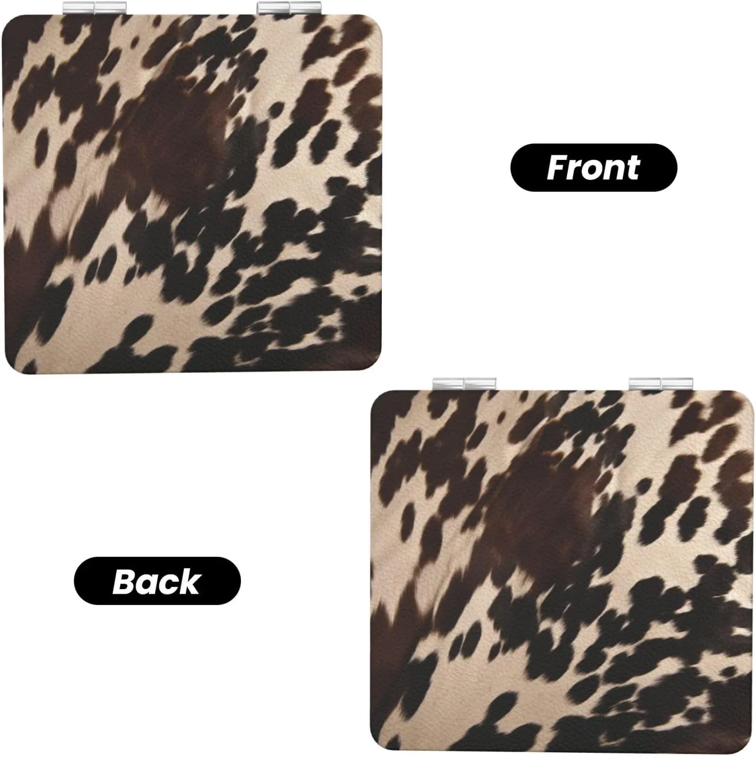Brown Cowhide 1 Printed Square Pocket Makeup Mirror with 1X/2X Magnification, Portable Mini Travel Makeup Mirror for Travel Daily Work Beauty