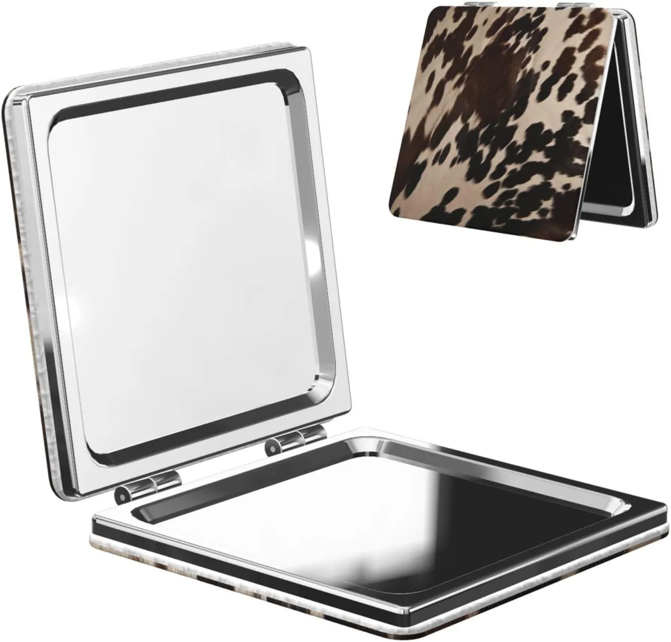 Brown Cowhide 1 Printed Square Pocket Makeup Mirror with 1X/2X Magnification, Portable Mini Travel Makeup Mirror for Travel Daily Work Beauty