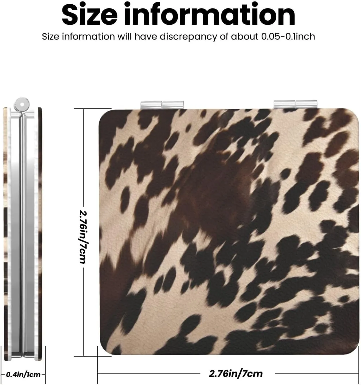 Brown Cowhide 1 Printed Square Pocket Makeup Mirror with 1X/2X Magnification, Portable Mini Travel Makeup Mirror for Travel Daily Work Beauty