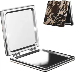 Brown Cowhide 1 Printed Square Pocket Makeup Mirror with 1X/2X Magnification, Portable Mini Travel Makeup Mirror for Travel Daily Work Beauty