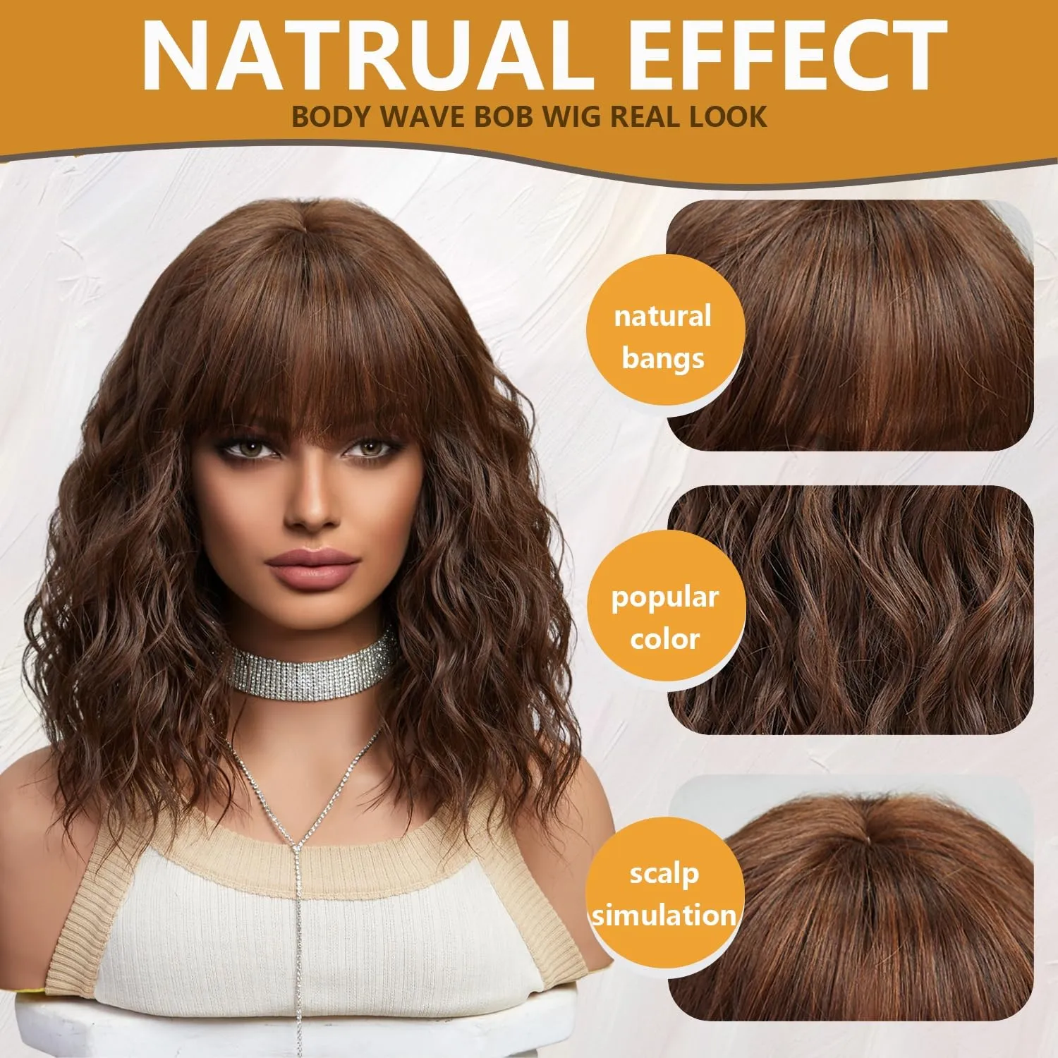Brown Wigs for Women Dark Brown Short Curly Wavy Bob Wig with Bangs Medium Lenth Synthetic Hair for Daily Party Wedding Gift