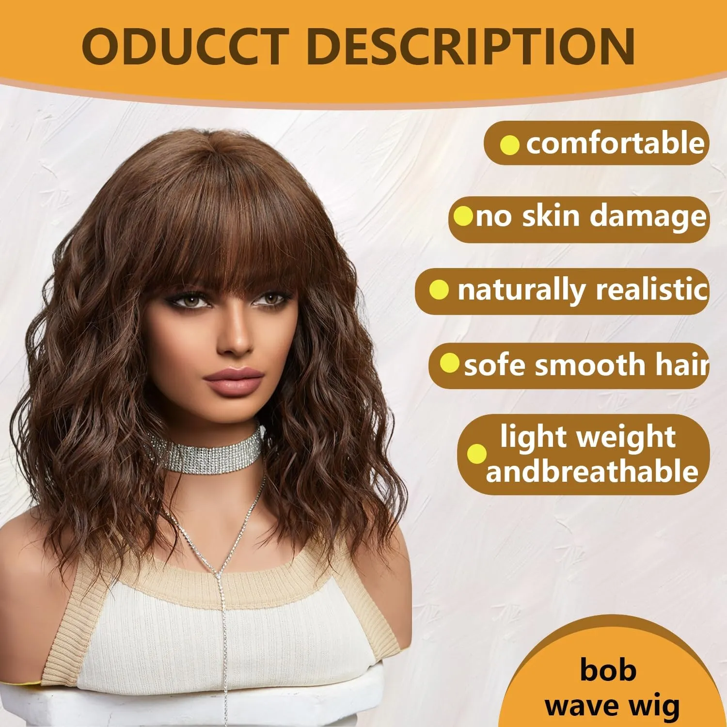Brown Wigs for Women Dark Brown Short Curly Wavy Bob Wig with Bangs Medium Lenth Synthetic Hair for Daily Party Wedding Gift