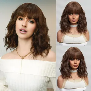Brown Wigs for Women Dark Brown Short Curly Wavy Bob Wig with Bangs Medium Lenth Synthetic Hair for Daily Party Wedding Gift
