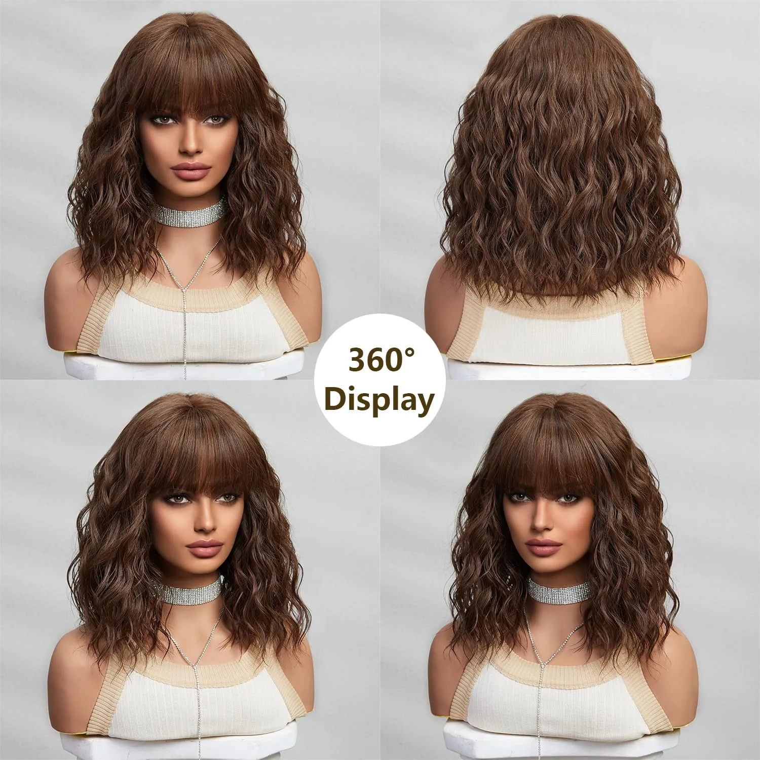 Brown Wigs for Women Dark Brown Short Curly Wavy Bob Wig with Bangs Medium Lenth Synthetic Hair for Daily Party Wedding Gift
