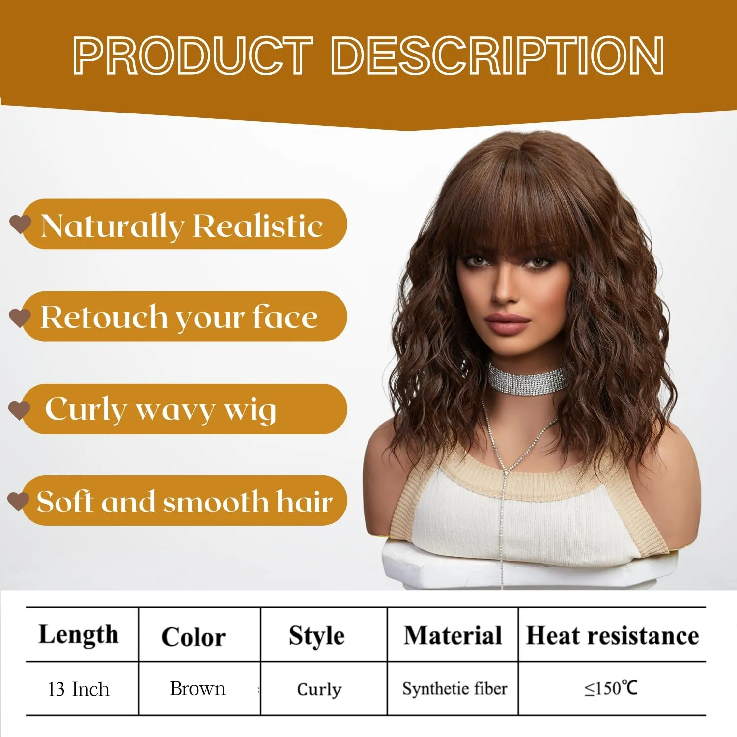 Brown Wigs for Women Dark Brown Short Curly Wavy Bob Wig with Bangs Medium Lenth Synthetic Hair for Daily Party Wedding Gift