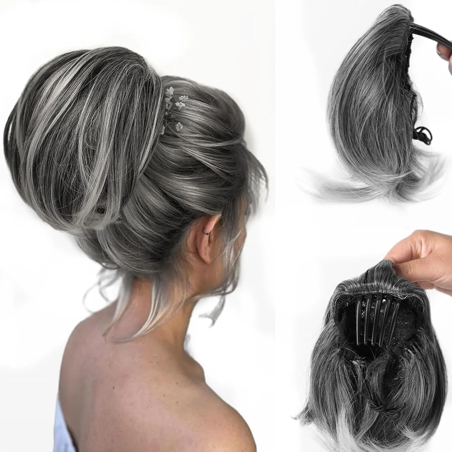 Bun Hairpiece Drawstring Ponytail Bun with Comb Clip Elastic Fake Hair Extensions Short Synthetic Pony Tails Messy Bun Hair Piece 8 In Gray and White Tips