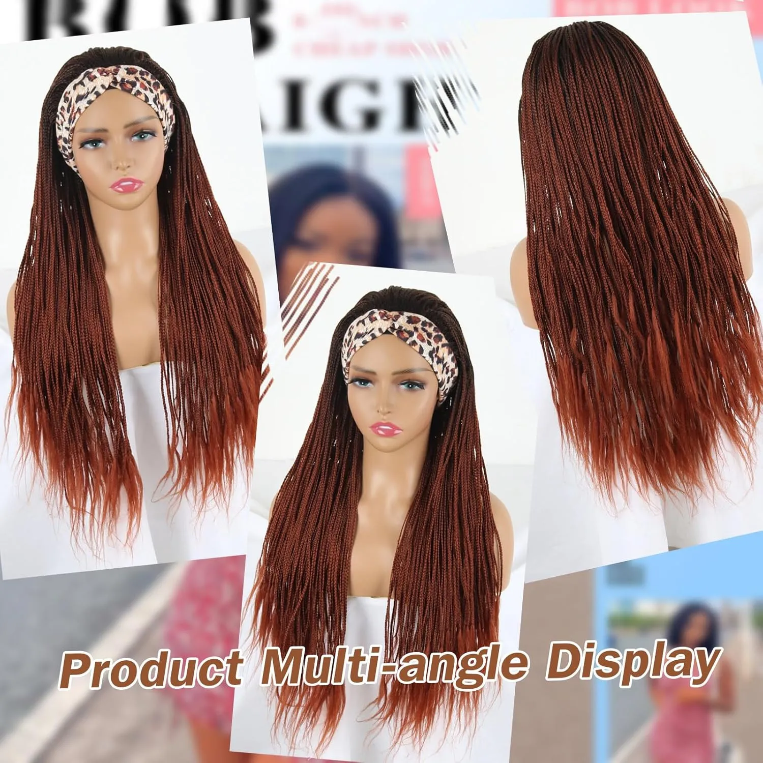 Burgundy Braided Wigs with Headband Attached Ombre Red Crochet Hair Wrap Wig Synthetic Goddess Box Braids Crochet Hair for Black Women Long Black Mixed Red Knotless box braid wig 30 inch