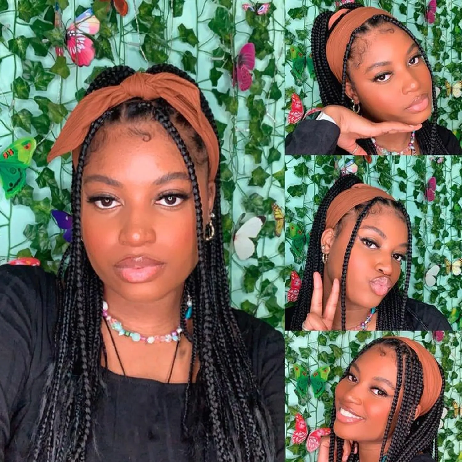 Burgundy Braided Wigs with Headband Attached Ombre Red Crochet Hair Wrap Wig Synthetic Goddess Box Braids Crochet Hair for Black Women Long Black Mixed Red Knotless box braid wig 30 inch