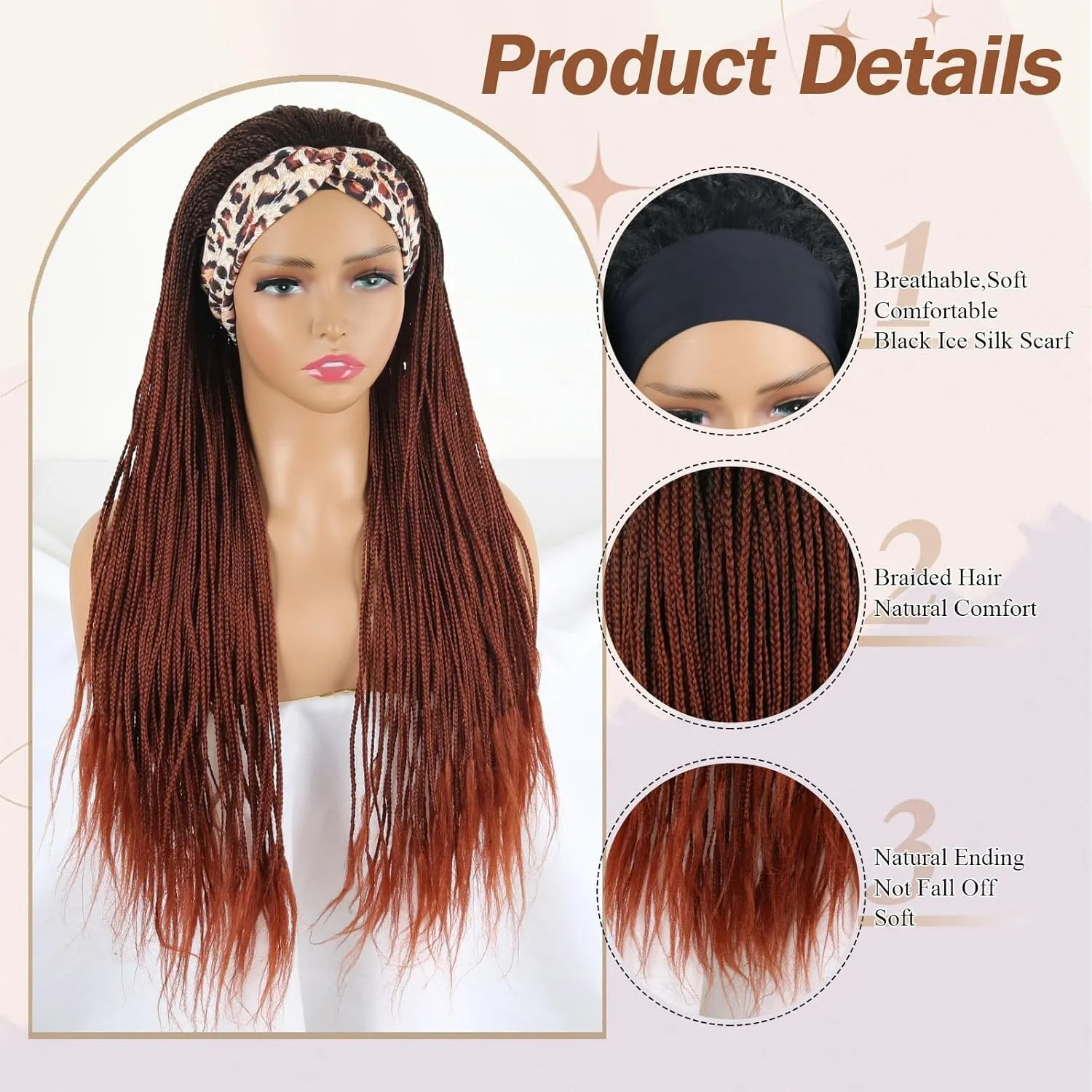 Burgundy Braided Wigs with Headband Attached Ombre Red Crochet Hair Wrap Wig Synthetic Goddess Box Braids Crochet Hair for Black Women Long Black Mixed Red Knotless box braid wig 30 inch