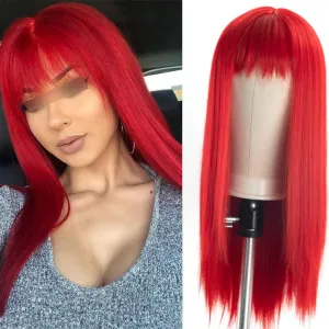 Burgundy Red Synthetic Hair Wigs with Full Bangs Long Straight For Black Women Full Machine Made Cosplay Bright Red Coloful