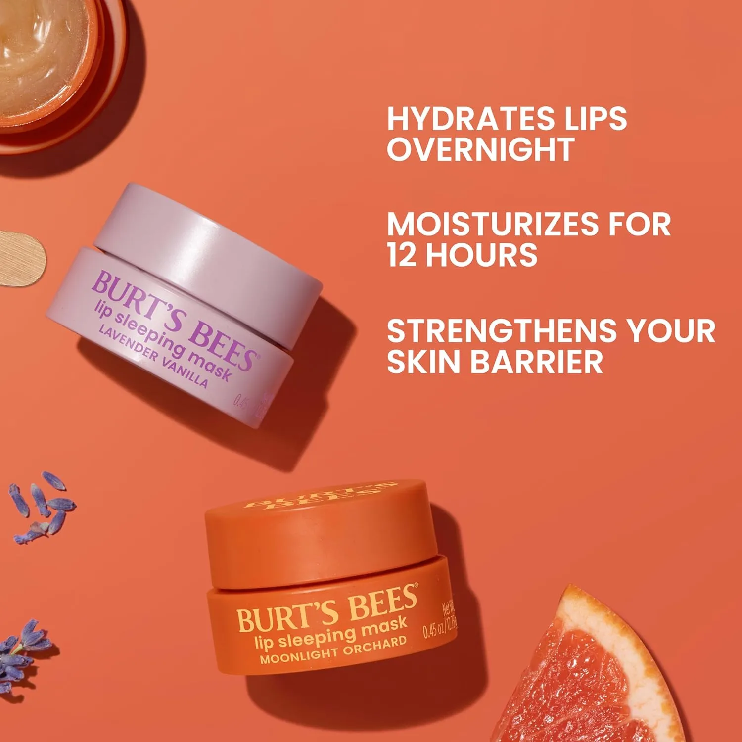 Burt’s Bees Lavender Vanilla Lip Sleeping Mask, With Hyaluronic Acid and Squalane Moisturizer To Instantly Hydrate Lips, Overnight Mask and Treatment, 0.45 oz.