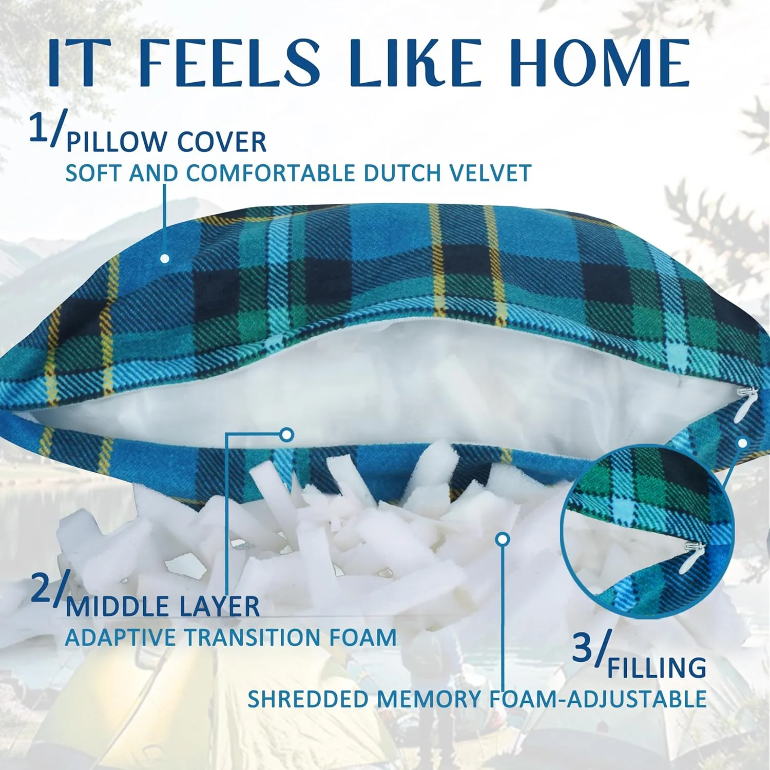 Camping Pillow Shredded Memory Foam Travel Pillows for Sleeping Compressible Lightweight Camp Pillow Washable Backpacking Pillow for Camping & Hiking Firm Supportive Small Pillow for Travel