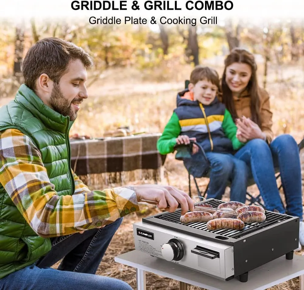 Camplux Propane Gas Griddle Grill, 15,000 BTU Griddle Grill Combo, Portable Camping Griddle Station 17 Inches with 20 lb and RV Regulator for Camping, RV Picnic and Tailgating