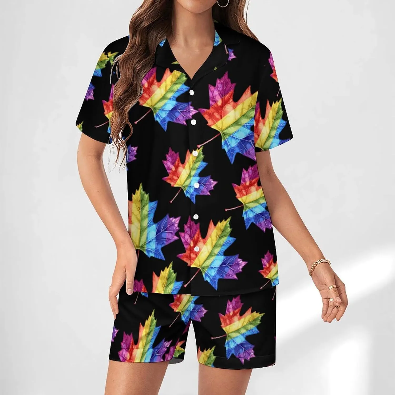 Canada Leaf LGBT Prideful Women's Satin Pajama Set Short Sleeve Button Down Sleepwear Loungewear Pj Set