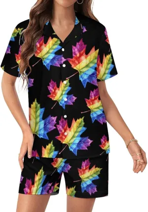 Canada Leaf LGBT Prideful Women's Satin Pajama Set Short Sleeve Button Down Sleepwear Loungewear Pj Set