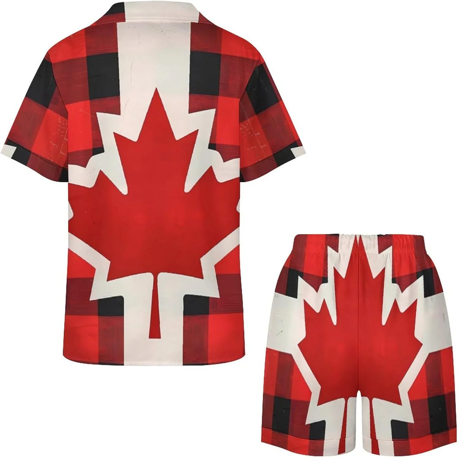 Canadian Flag Farm Buffalo Plaid Women's Satin Pajama Set Short Sleeve Button Down Sleepwear Loungewear Pj Set