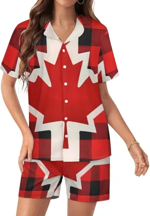 Canadian Flag Farm Buffalo Plaid Women's Satin Pajama Set Short Sleeve Button Down Sleepwear Loungewear Pj Set