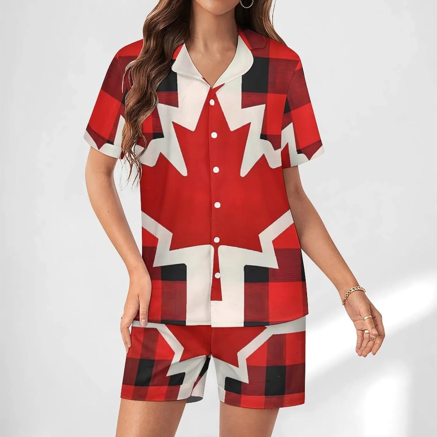 Canadian Flag Farm Buffalo Plaid Women's Satin Pajama Set Short Sleeve Button Down Sleepwear Loungewear Pj Set