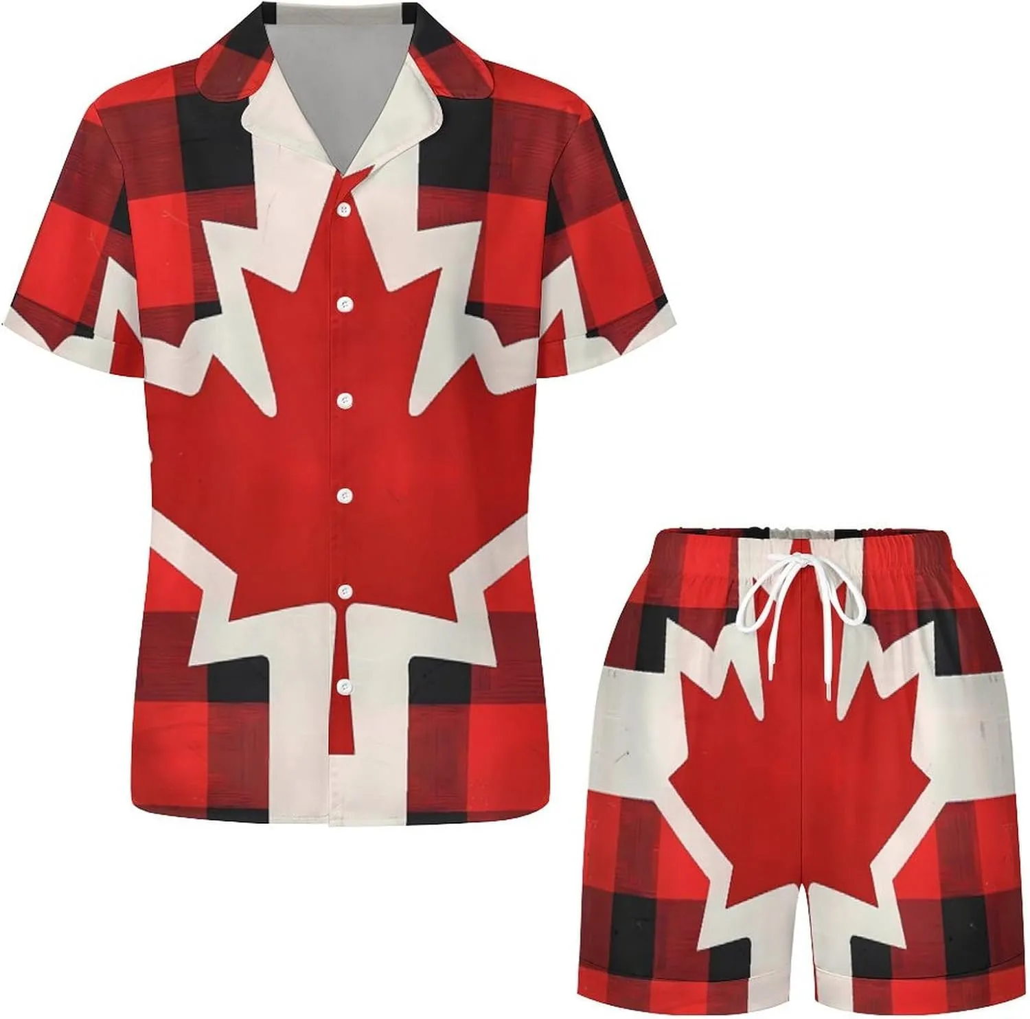 Canadian Flag Farm Buffalo Plaid Women's Satin Pajama Set Short Sleeve Button Down Sleepwear Loungewear Pj Set