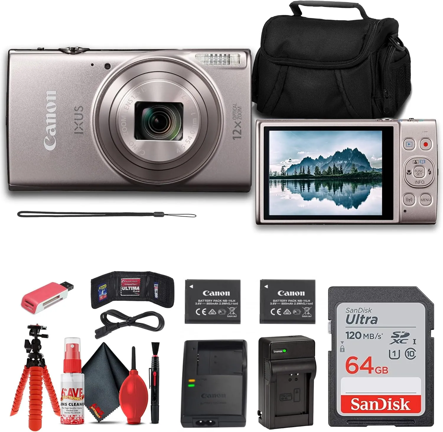 Canon PowerShot IXUS 285 HS 12X Optical Zoom Digital Camera (Silver)   NB11L   64GB Memory Card   Case   Charger   Card Reader   Flex Tripod   Cleaning Kit   Memory Wallet (Renewed)