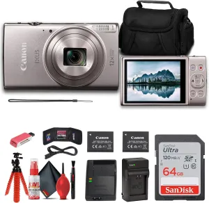 Canon PowerShot IXUS 285 HS 12X Optical Zoom Digital Camera (Silver)   NB11L   64GB Memory Card   Case   Charger   Card Reader   Flex Tripod   Cleaning Kit   Memory Wallet (Renewed)
