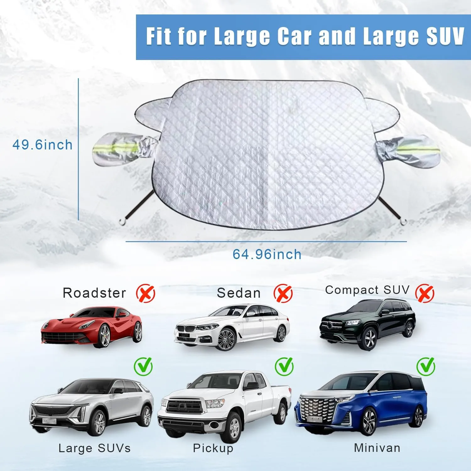 Car Windshield Snow Ice Cover with Side Mirror and Hook,Magnetic Windshield Cover for Ice and Snow,Car Windshield Sun Shade Foldable,Fit for Large Sedan/Large SUV/Pickup/Truck/MPV(65"x49")