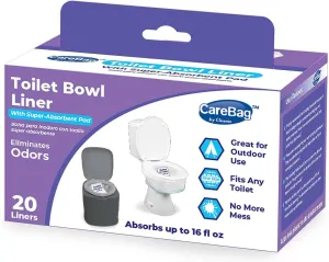Carebag Toilet Bowl Liners with Absorbent Pad 20 Count– Leak Resistant – Universal Size Fits Any Size Indoor or Outdoor Toilet – Eliminates odors – Convert Regular Toilet to Dry Toilet - By Cleanis
