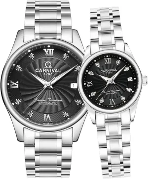 Carnival Mechanical Couple Watches Men and Women His or Hers Set of 2 (Black)