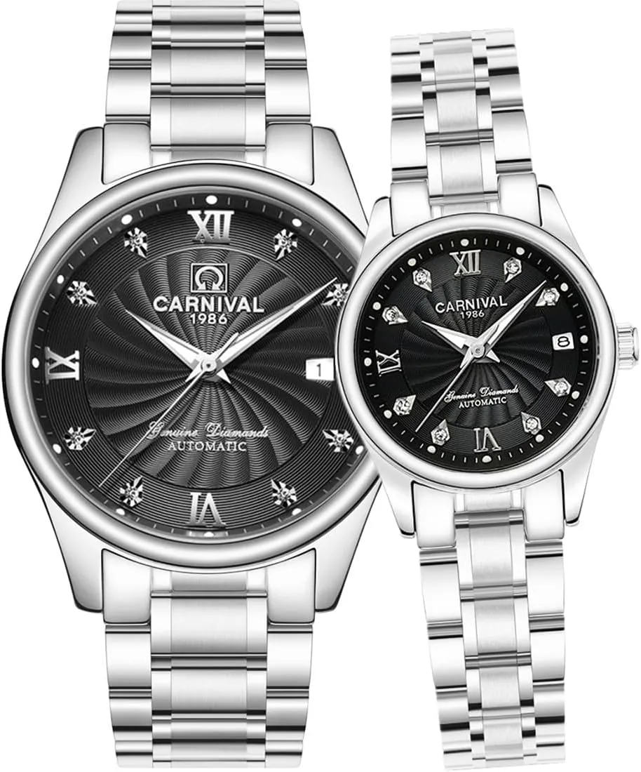 Carnival Mechanical Couple Watches Men and Women His or Hers Set of 2 (Black)