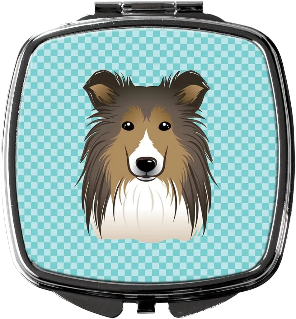 Caroline's Treasures BB1180SCM Checkerboard Blue Sheltie Compact Mirror Decorative Travel Makeup Mirror for Women Girls Gifts Pocket Makeup Mirror Folding Handheld
