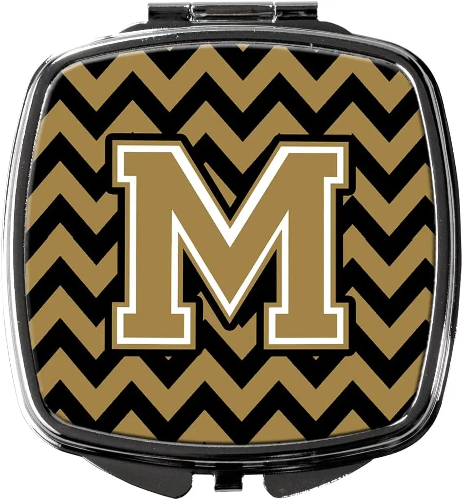 Caroline's Treasures CJ1050-MSCM Letter M Chevron Black and Gold Compact Mirror Decorative Travel Makeup Mirror for Women Girls Gifts Pocket Makeup Mirror Folding Handheld