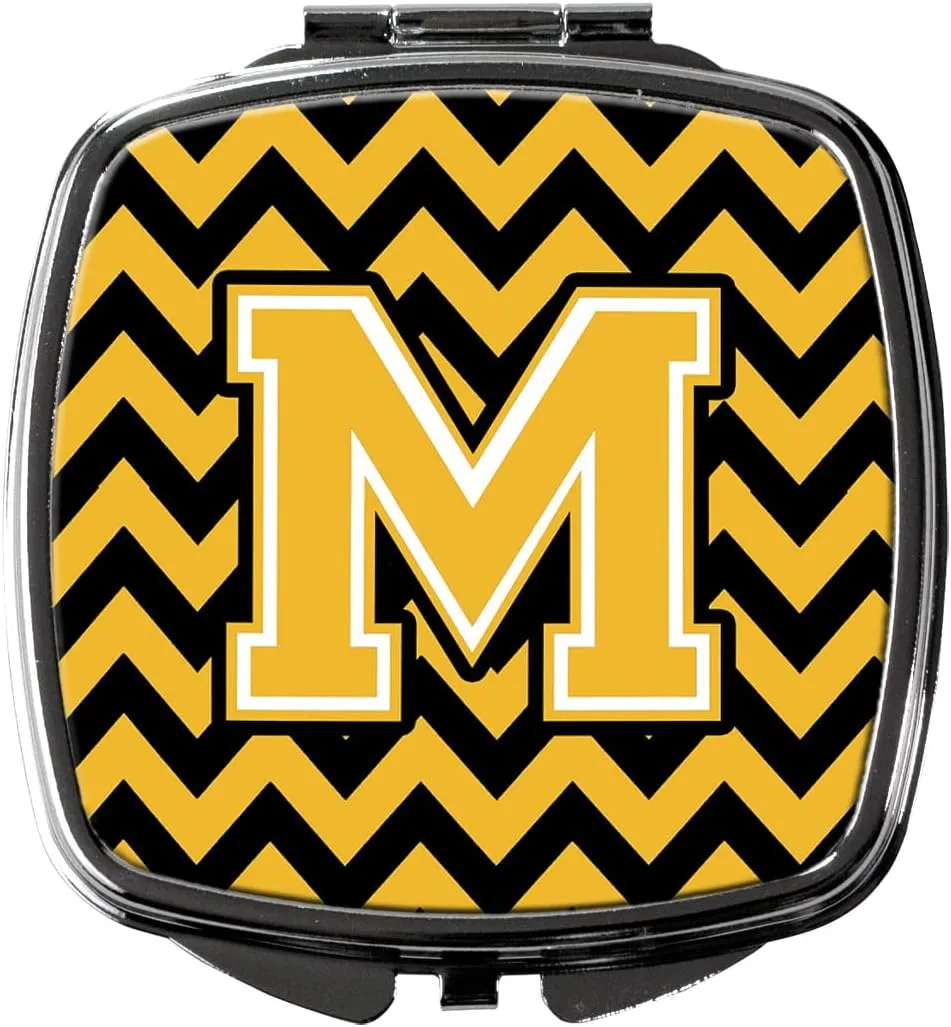 Caroline's Treasures CJ1053-MSCM Letter M Chevron Black and Gold Compact Mirror Decorative Travel Makeup Mirror for Women Girls Gifts Pocket Makeup Mirror Folding Handheld
