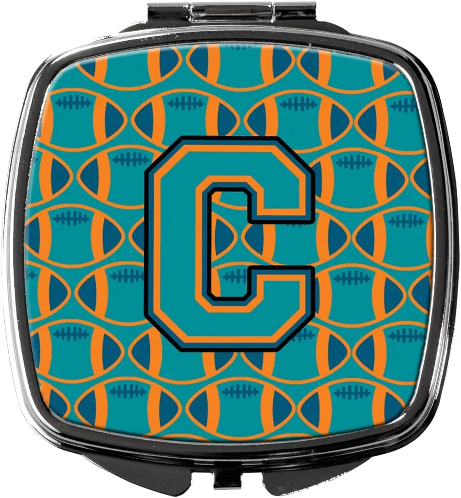 Caroline's Treasures CJ1063-CSCM Letter C Football Aqua, Orange and Marine Blue Compact Mirror Decorative Travel Makeup Mirror for Women Girls Gifts Pocket Makeup Mirror Folding Handheld