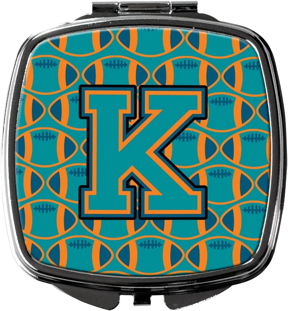 Caroline's Treasures CJ1063-KSCM Letter K Football Aqua, Orange and Marine Blue Compact Mirror Decorative Travel Makeup Mirror for Women Girls Gifts Pocket Makeup Mirror Folding Handheld