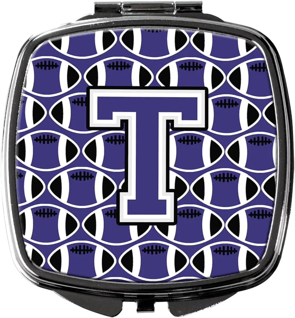 Caroline's Treasures CJ1068-TSCM Letter T Football Purple and White Compact Mirror Decorative Travel Makeup Mirror for Women Girls Gifts Pocket Makeup Mirror Folding Handheld
