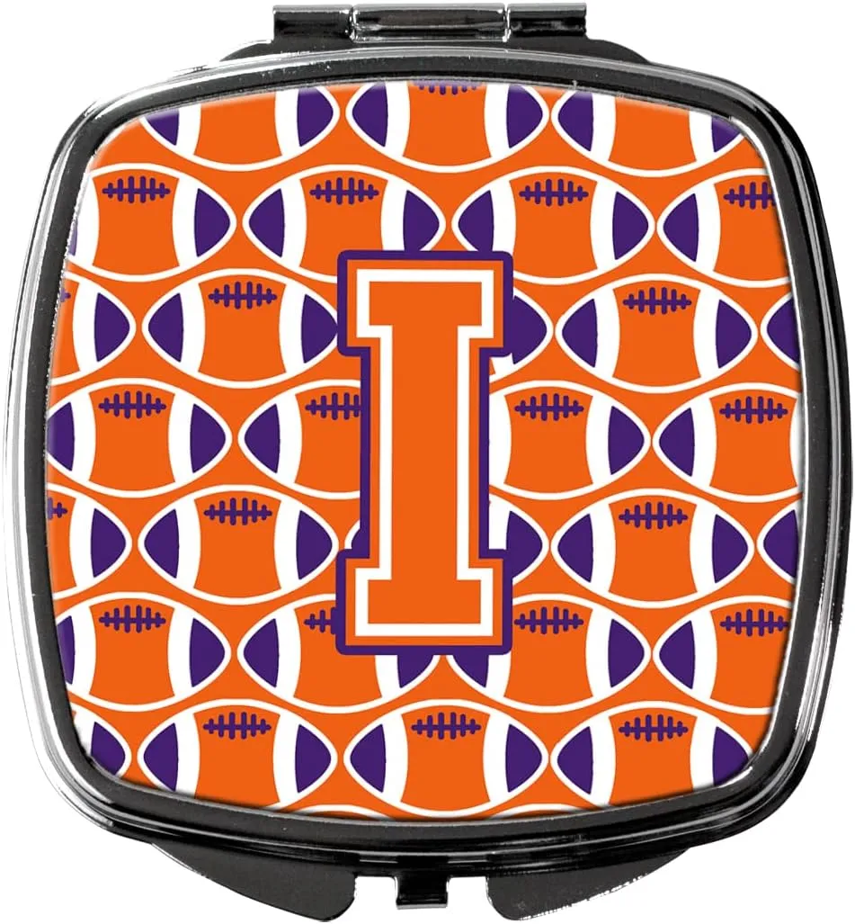 Caroline's Treasures CJ1072-ISCM Letter I Football Orange, White and Regalia Compact Mirror Decorative Travel Makeup Mirror for Women Girls Gifts Pocket Makeup Mirror Folding Handheld