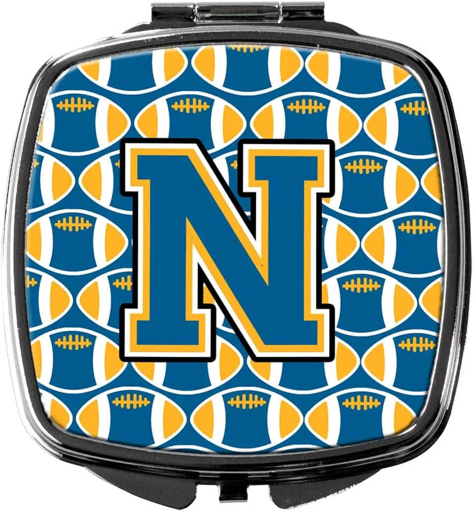 Caroline's Treasures CJ1077-NSCM Letter N Football Blue and Gold Compact Mirror Decorative Travel Makeup Mirror for Women Girls Gifts Pocket Makeup Mirror Folding Handheld
