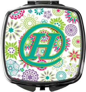 Caroline's Treasures CJ2011-HSCM Letter H Flowers Pink Teal Green Initial Compact Mirror Decorative Travel Makeup Mirror for Women Girls Gifts Pocket Makeup Mirror Folding Handheld